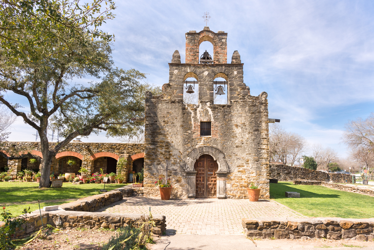 Mission Espada bathed in sunlight in San Antonio, Texas