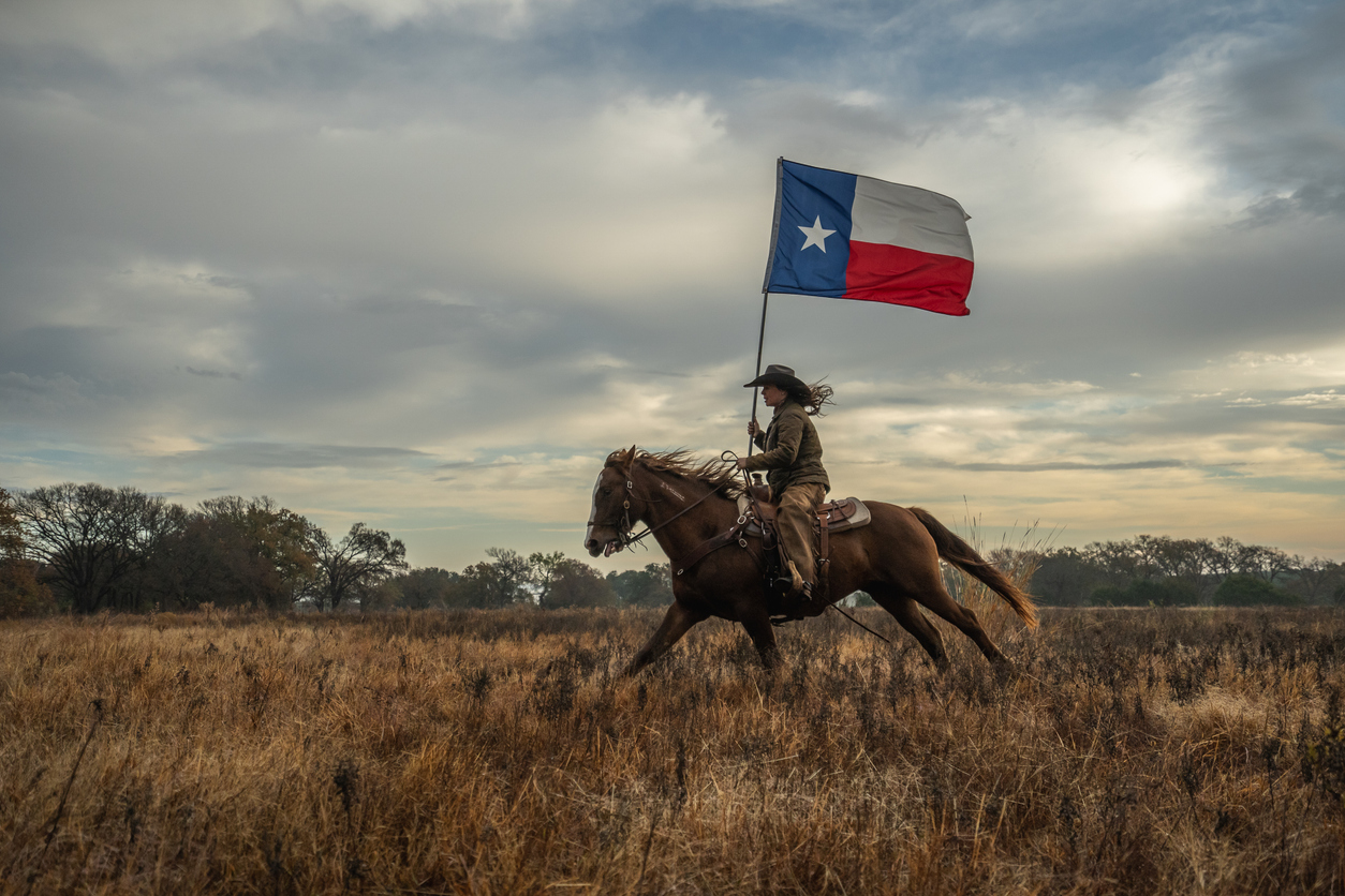 Woman wearing cowboy hat riding running horse while holding large Texas flag in grassy field with cloudy sky