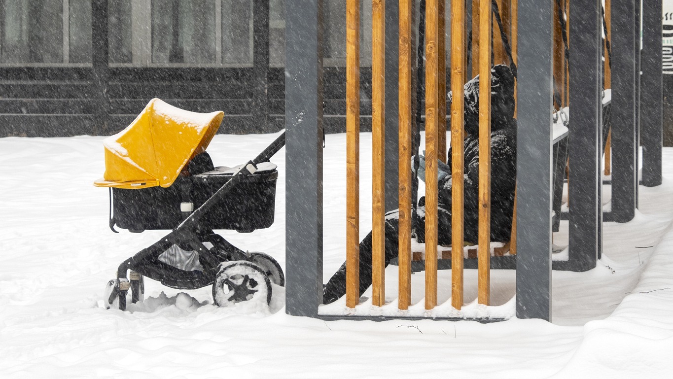 baby on a stroller in winter