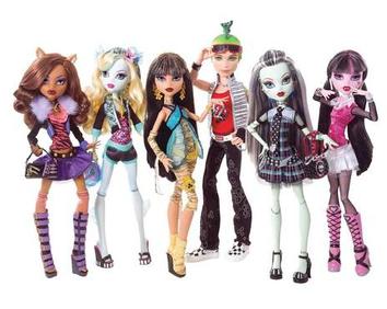 Mattel’s Original line of Monster High Dolls released in 2010; Left to right Clawdeen Wolf, Lagoona Blue, Cleo De Nile, Deuce Gorgon, Frankie Stein, and Draculara