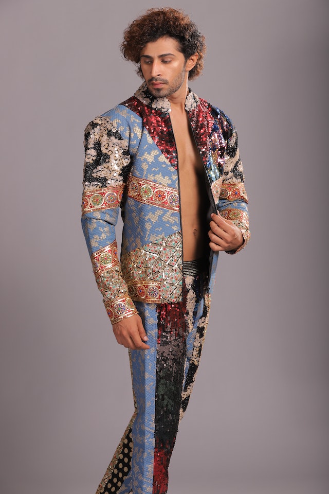 man wearing floral blazer